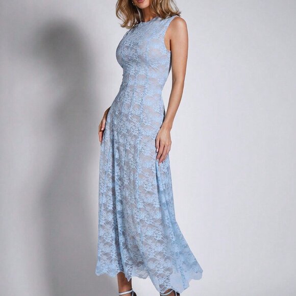 Blue Elegant Women's Lace Sleeveless Mid-Length Dress - Picture 6 of 7